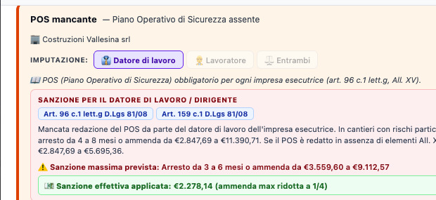 Una sanzione con articolo, imputazione e importo effettivo